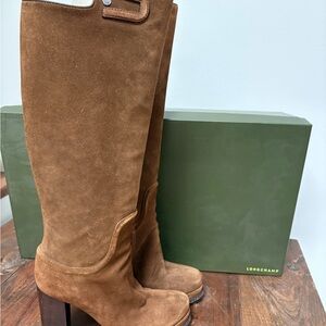 Longchamp Brown Suede Tall Platform Boots Size 37 With Box